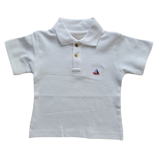White Short Sleeve Polo Shirt with Embroidered Sailboat