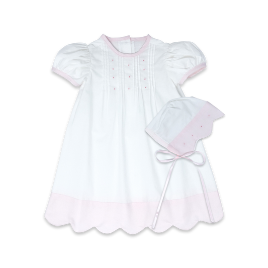 Girl's Pink Scallop Trim Batiste White Daygown Set