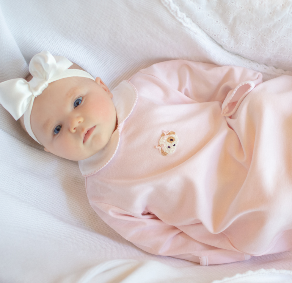 Girl's Pink Day Gown with Spotted Puppy Embroidery