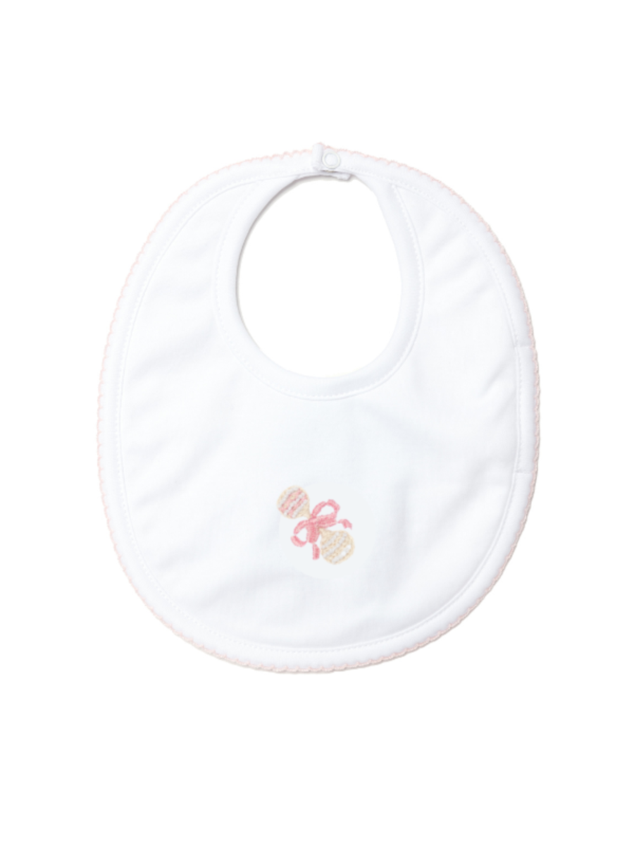 Baby Bib, Pink Heirloom Rattle Embroidery