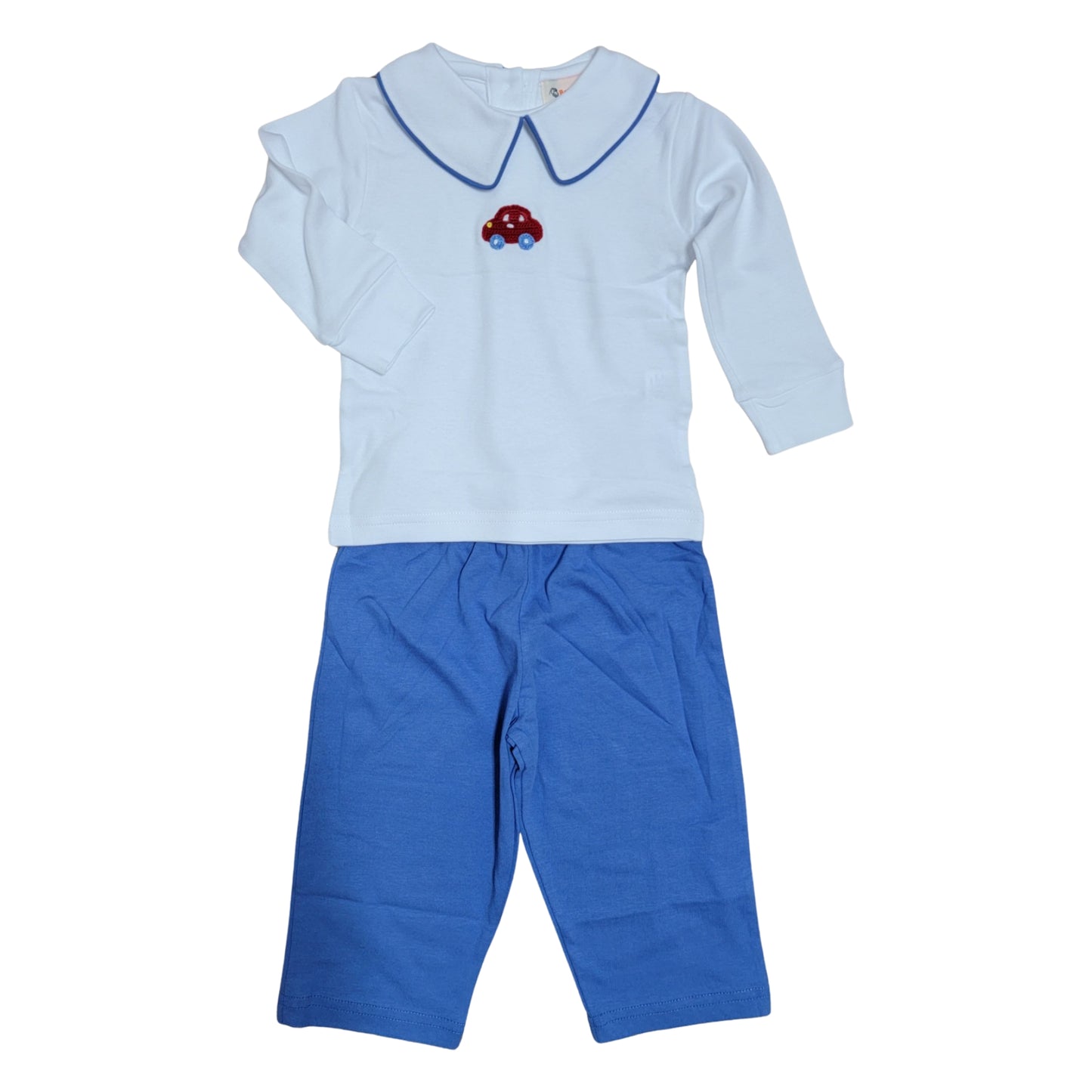 Boy's Long Sleeve Dark Chambray Crochet Red Car Pant Set