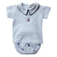 Boy's Short Sleeve Collared Embroidered Sailboat Print Diaper Set