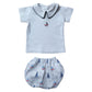 Boy's Short Sleeve Collared Embroidered Sailboat Print Diaper Set