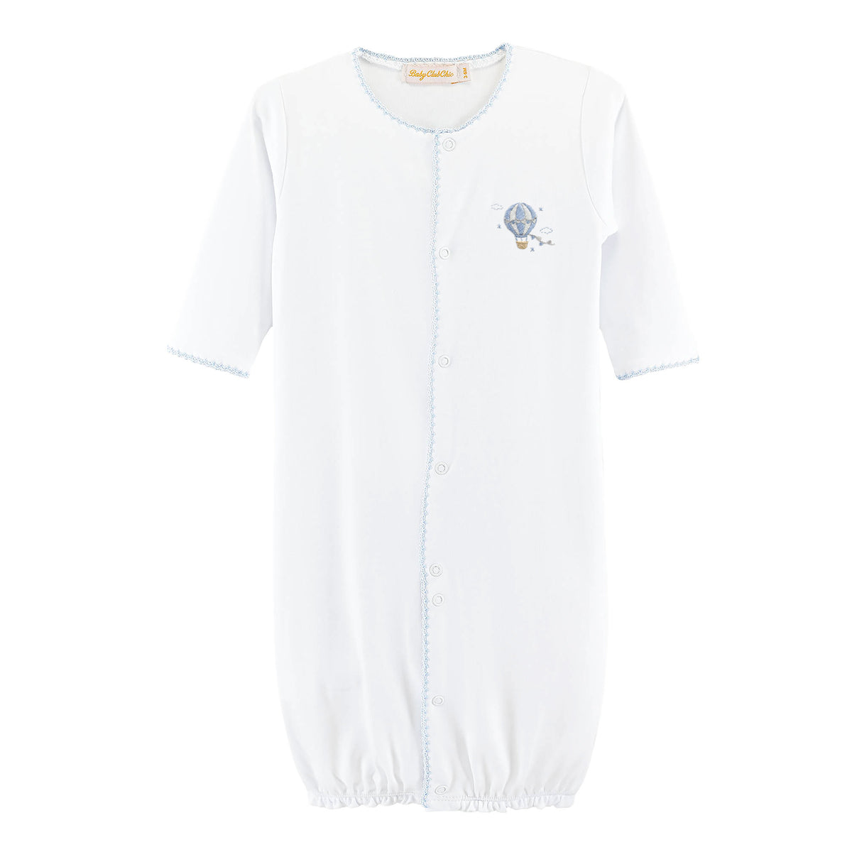White baby romper with blue accents on a white background