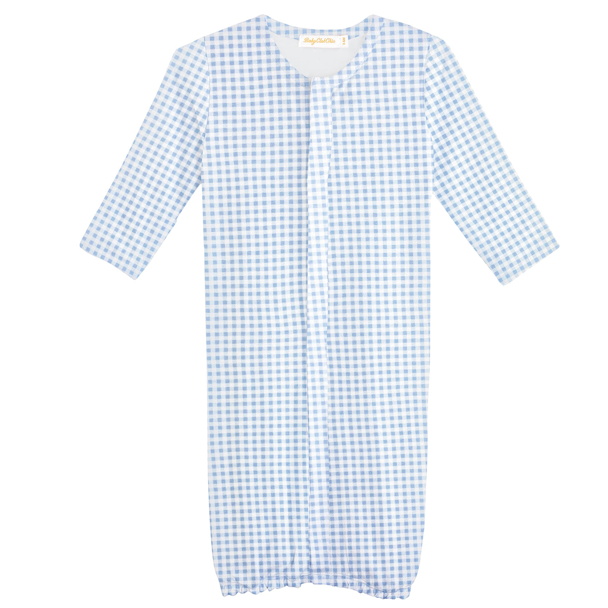 Blue and white checkered baby gown on a white background