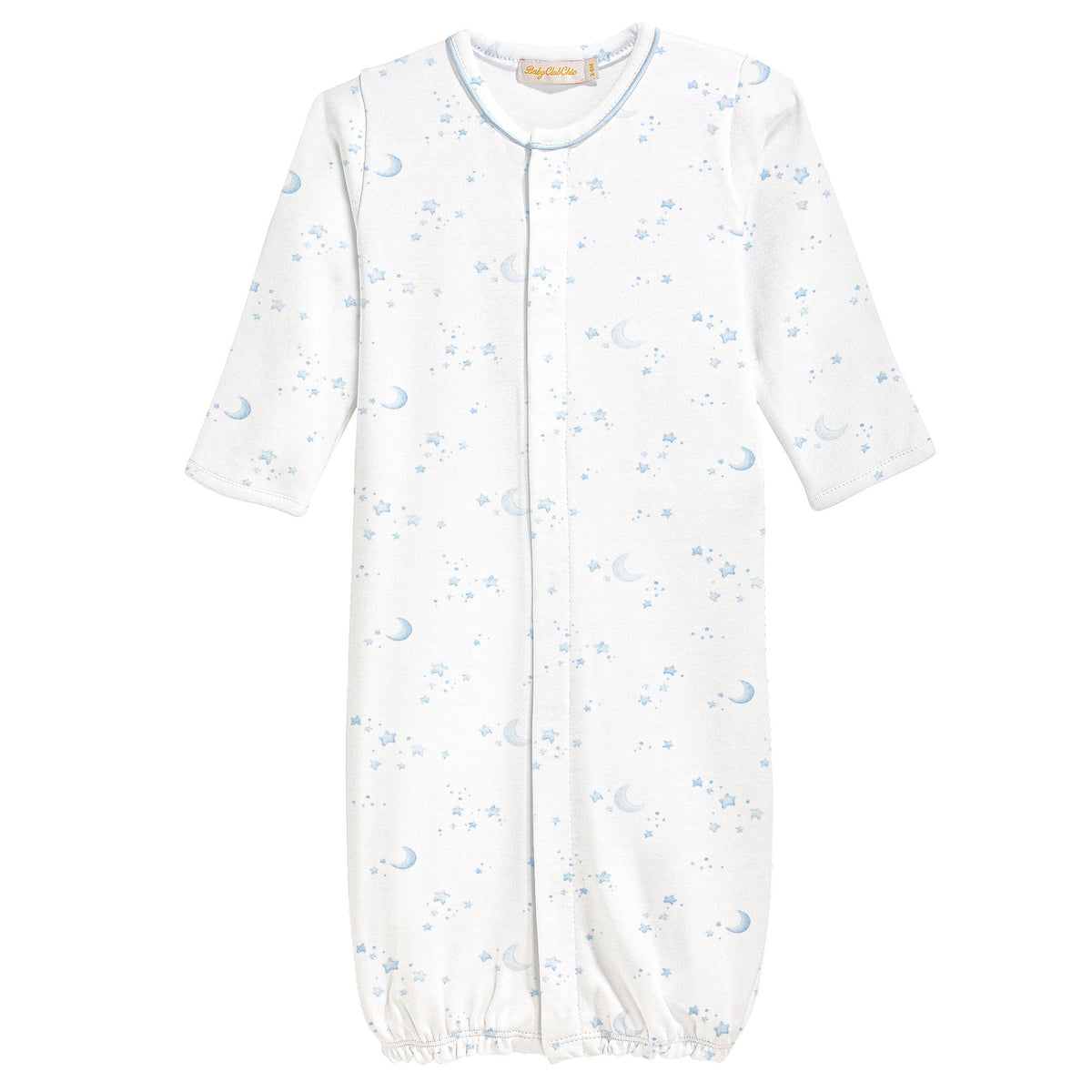 White baby gown with blue star pattern on a white background