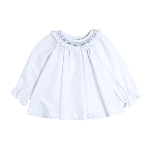 Light Blue Flower Scarlett Blouse, White Broadcloth