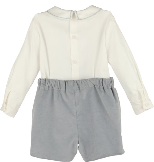 White shirt with long sleeves and gray shorts on a white background