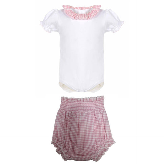 White Bodysuit and Pink Check Diaper Set