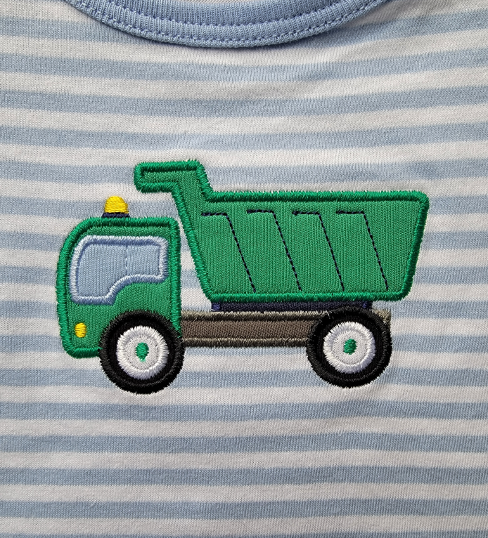 Boy's Short Sleeve Green Dump Truck Applique Blue Stripe Romper