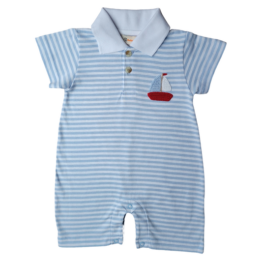 Boy's Short Sleeve Crochet Sailboat Blue Stripe Polo Romper