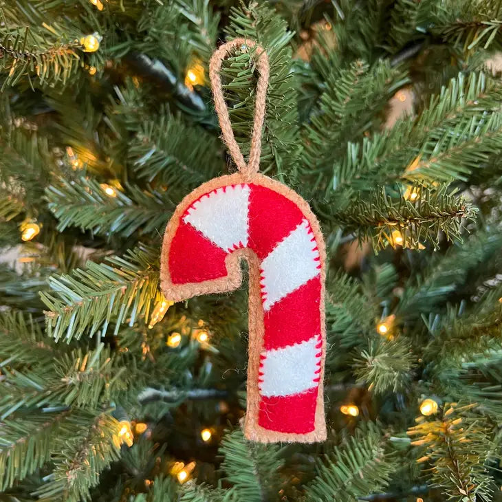 Ornament, Candy Cane Embroidered Felt Wool