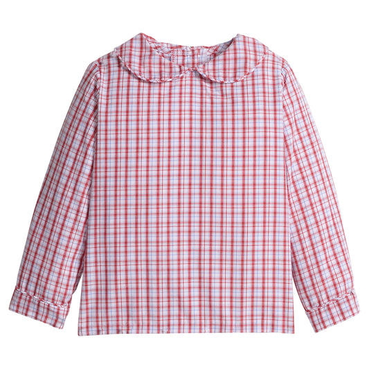 Little English classic shirt for little boys. Red, white, & light blue plaid peter pan shirt for Fall. Back to school outfit.