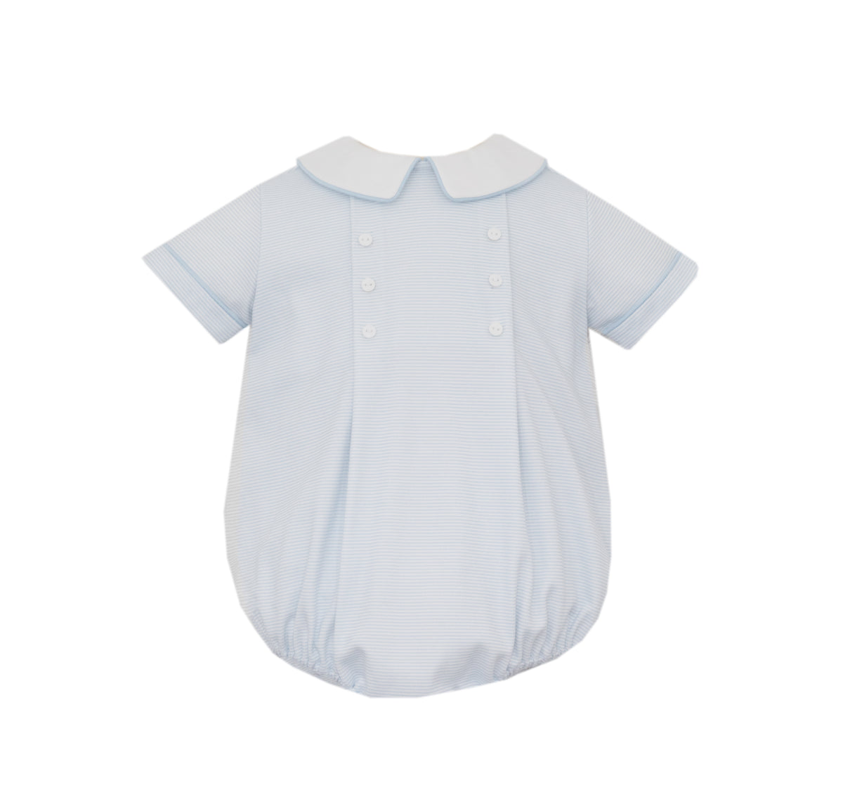 Light blue baby romper with collar on a white background