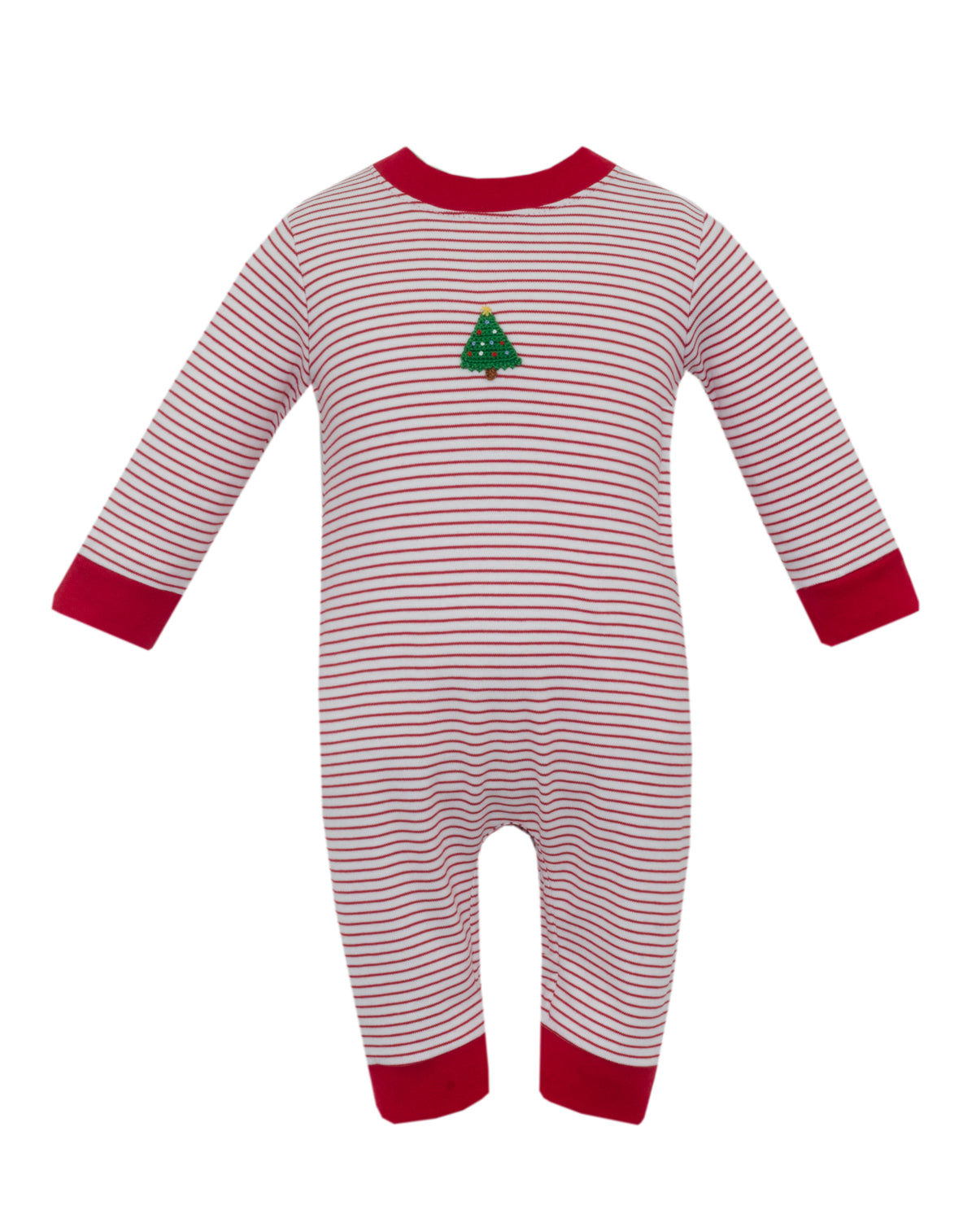 Red and white striped baby onesie with a green tree design on a white background