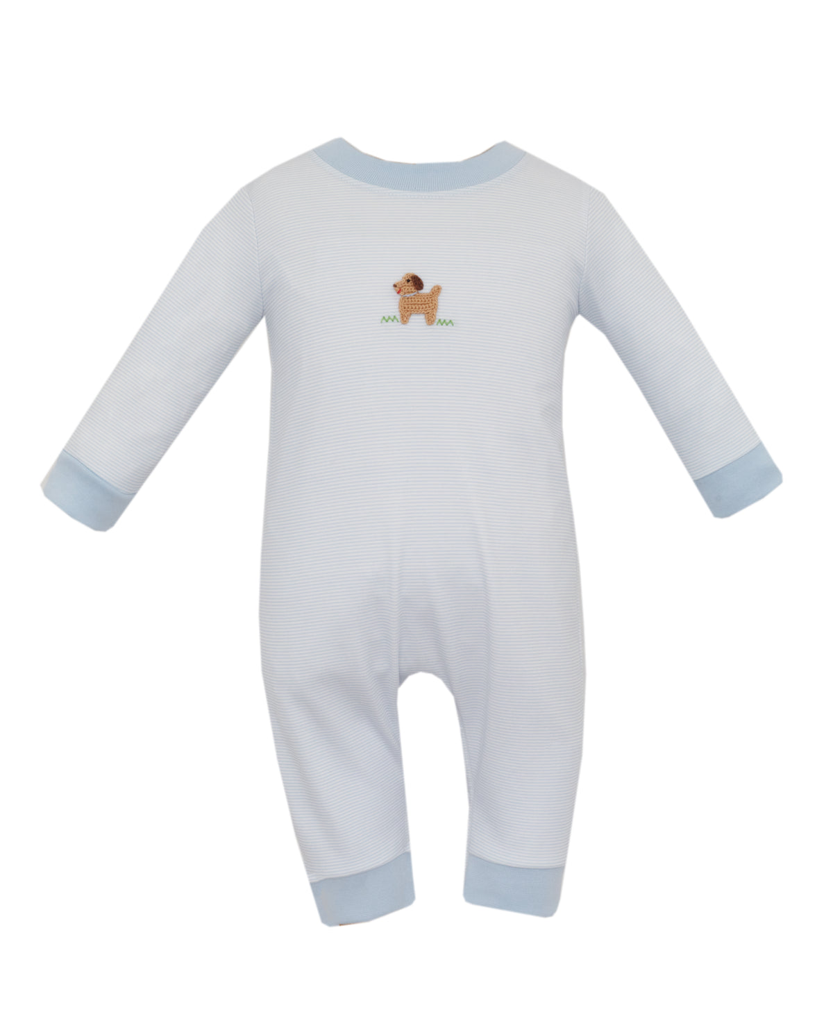 White baby onesie with blue trim and a small embroidered design on a white background