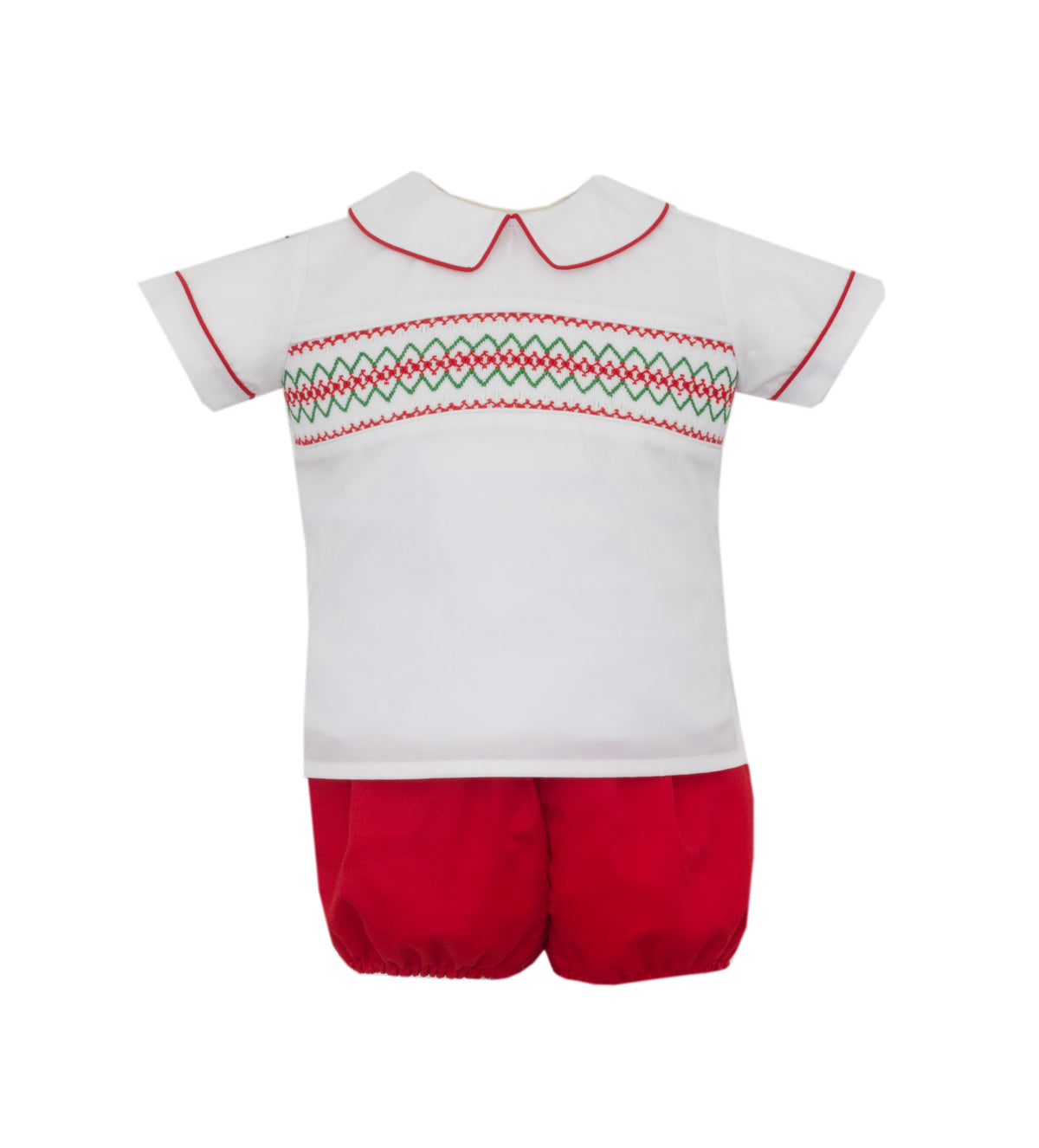 White shirt with red and green trim and red shorts on a white background