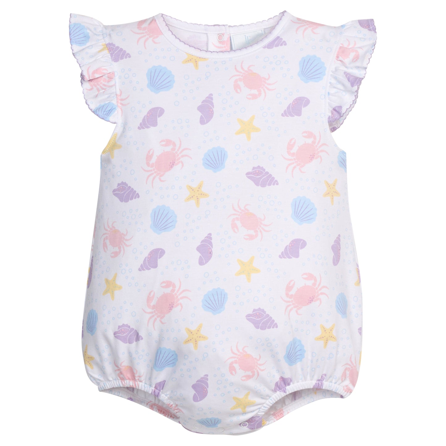 Little English classic printed angel sleeve bubble with purple, pink, blue, and yellow seashell motifs, with flutter sleeves, for baby girl