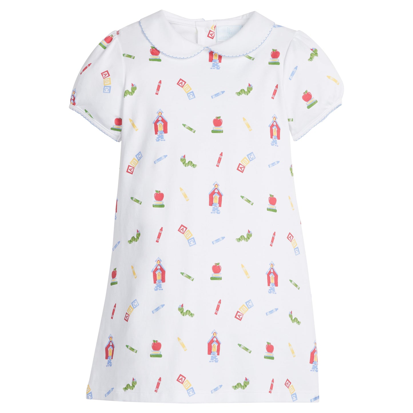 Little English classic knit dress for little girls. White cotton dress with peter pan collar and back to school print.