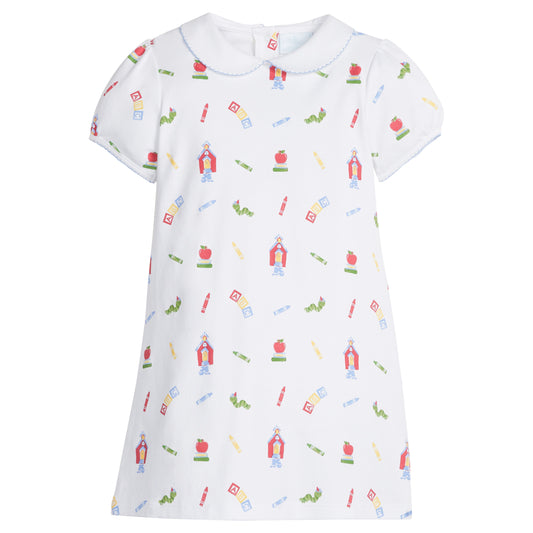 Little English classic knit dress for little girls. White cotton dress with peter pan collar and back to school print.