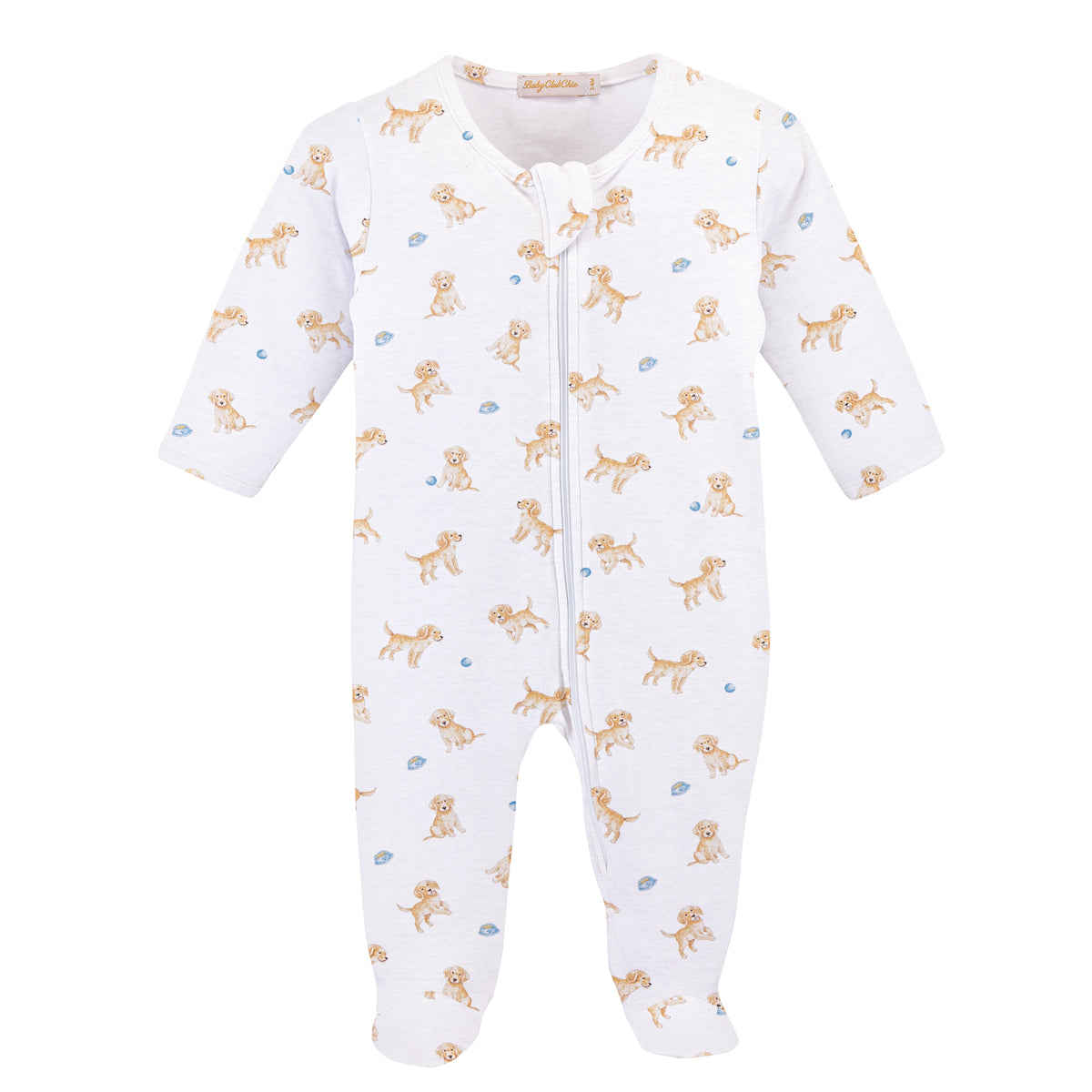 Baby onesie with dog pattern on a white background