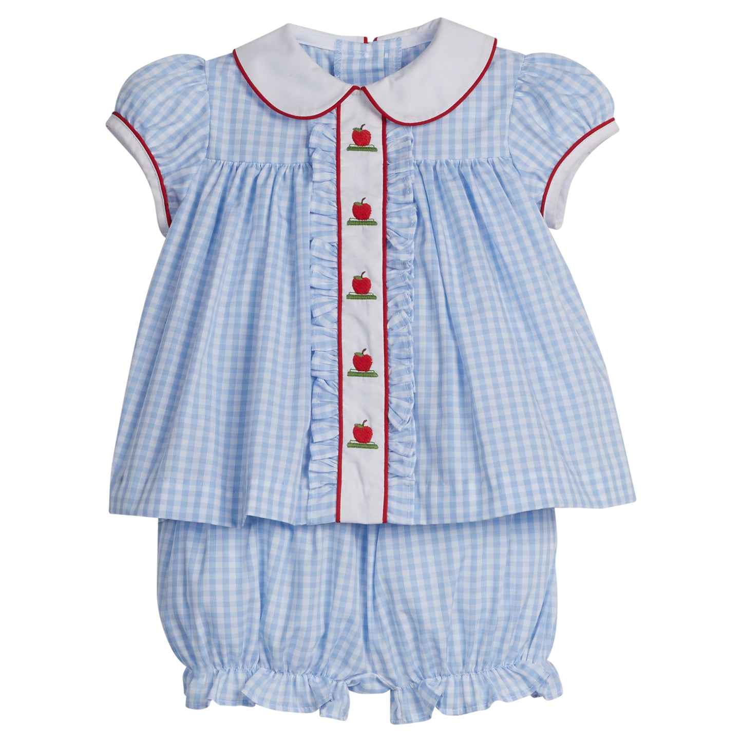 Little English classic dress for little girls. Light blue gingham dress with peter pan collar and apple embroidery for back to school.