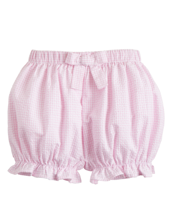 Girl's Bow Bloomers, Light Pink Gingham Seersucker