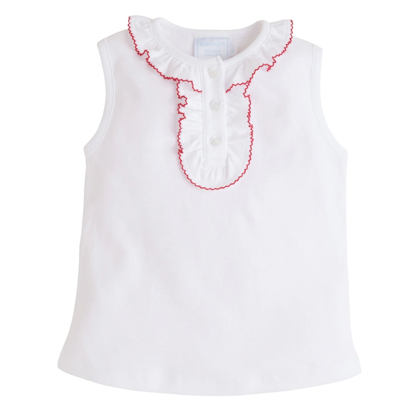 Ruffled Henley Sleeveless Top, White with Red