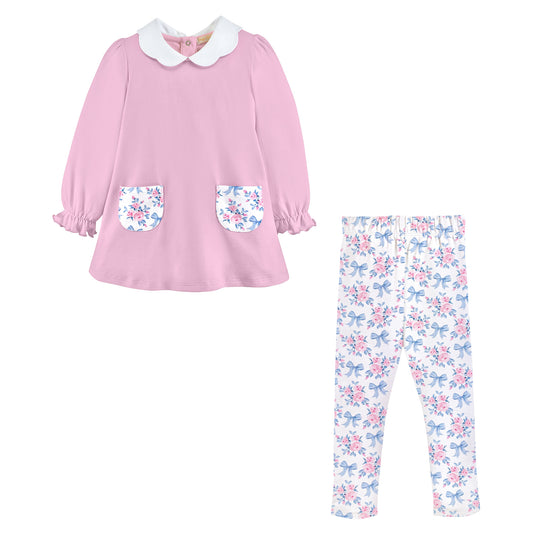 Printed Leggings Set, Blue Floral Bows