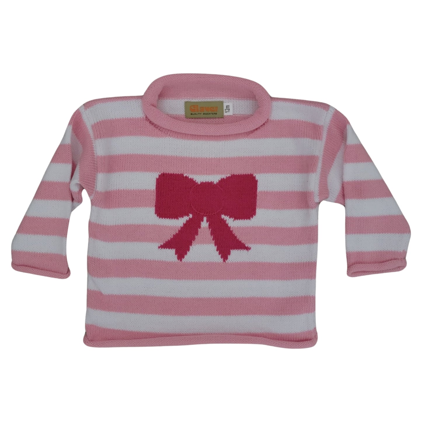 Rollneck Pink Stripe Sweater with Hot Pink Bow
