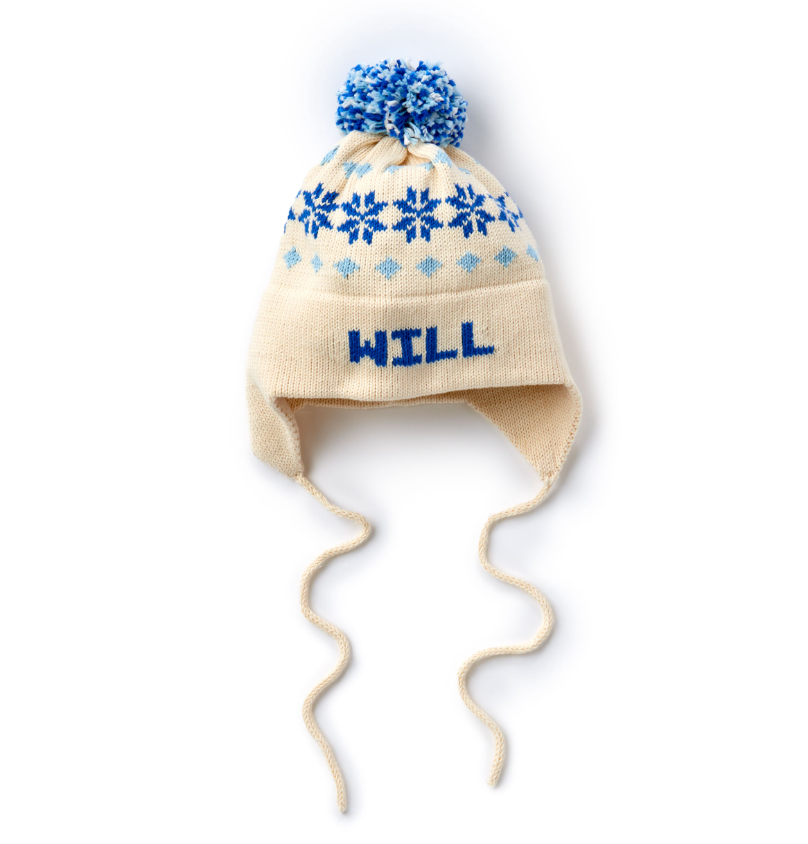 MJK Knits Nordic Name Earflap Hat Natural/Royal/Light Blue / Infant