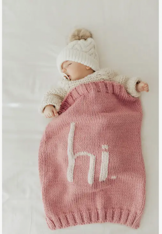 'Hi.' Hand Knit Blanket, Rosy Pink