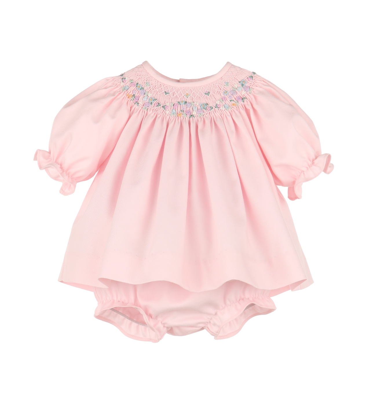 Floral Wreath Smock Bishop Dress, Pink