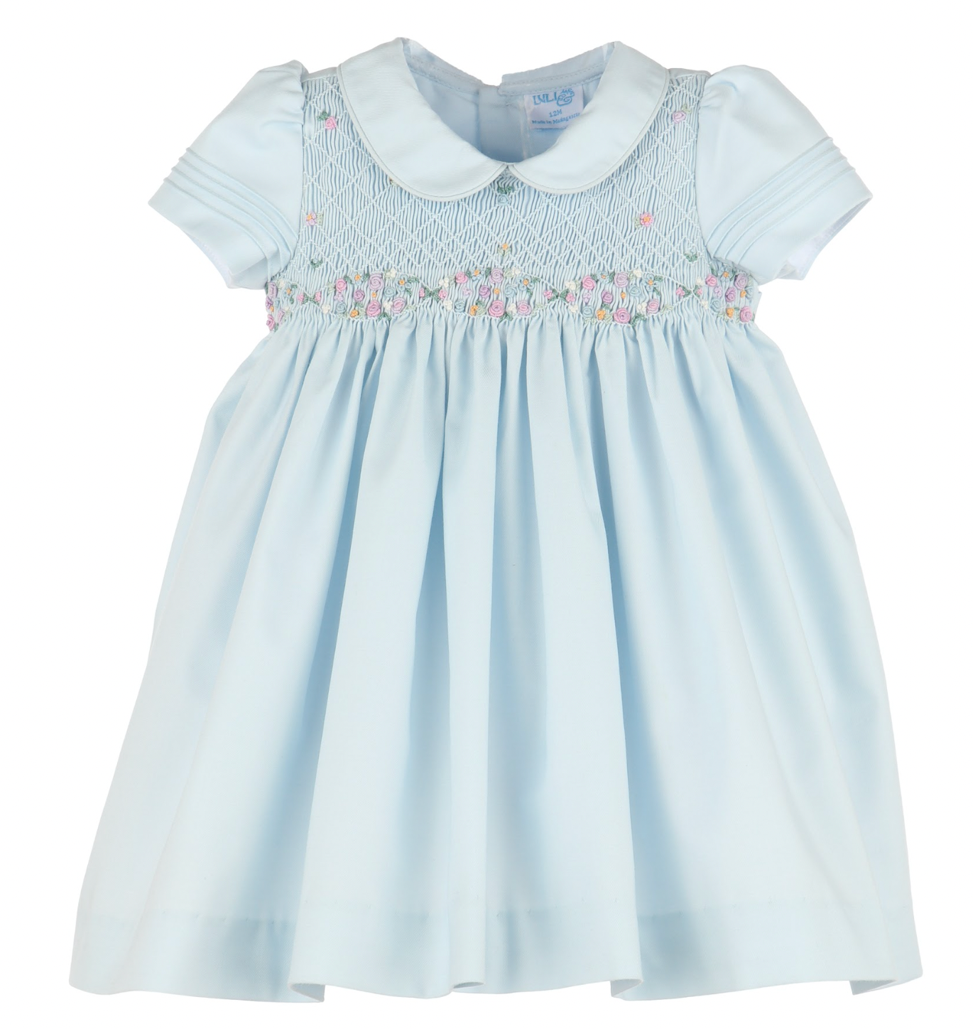 Collared Short Sleeve Floral Wreath Smocked Dress, Blue