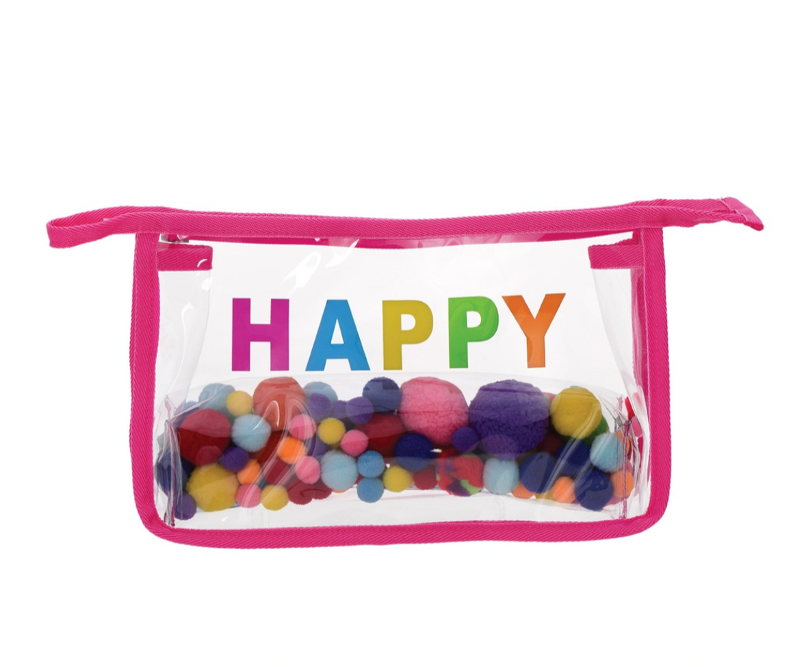 Happy Clear Cosmetic Bag with Pom Poms