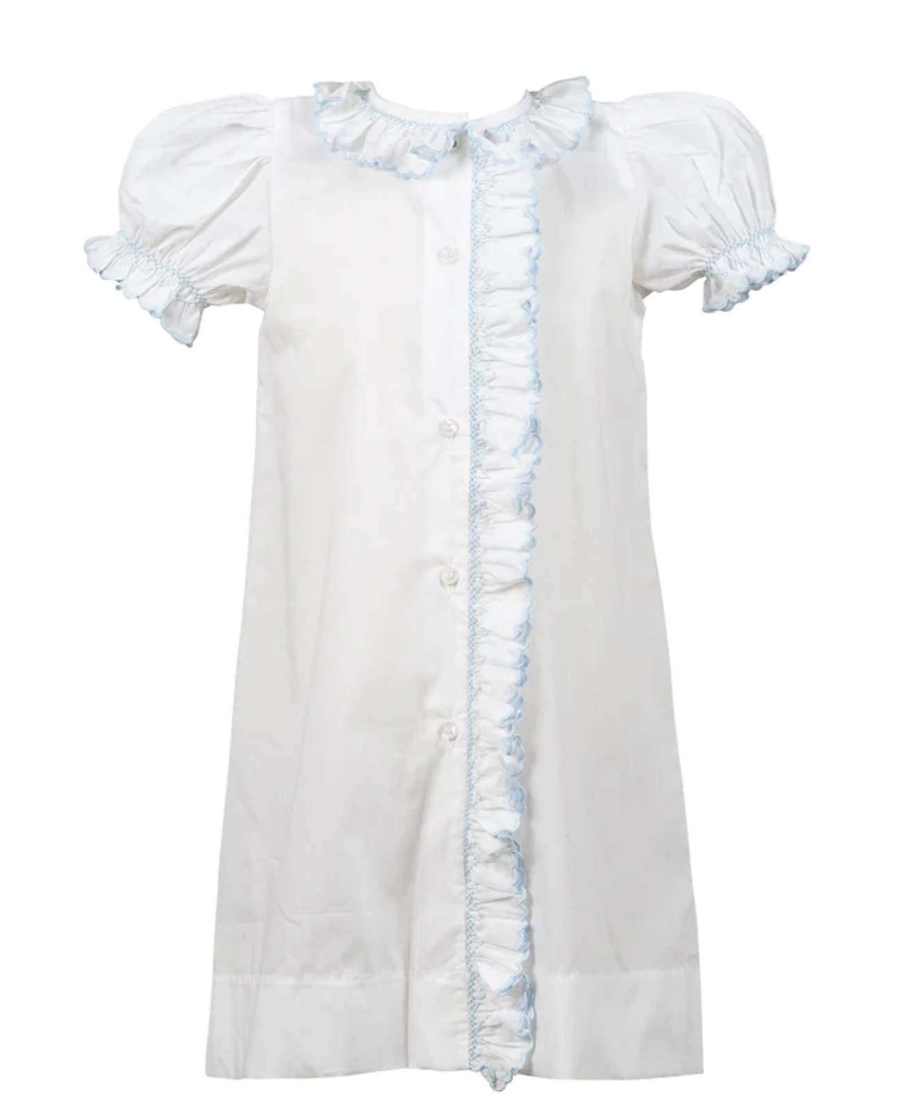 Evelyn Smocked Ruffle Gown, White with Blue