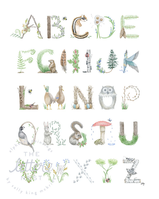 Woodland Alphabet Print, 16" x 20" -  Framed in Natural