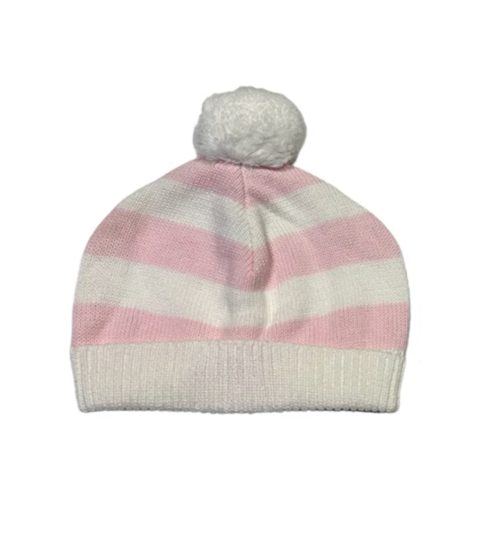 Striped Knit Hat with Pom Pom, Pink