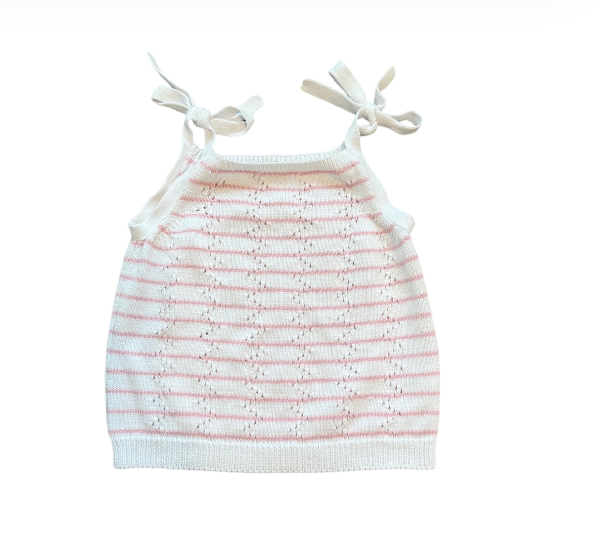 Knit Tank Top with Shoulder Ties, White with Pink