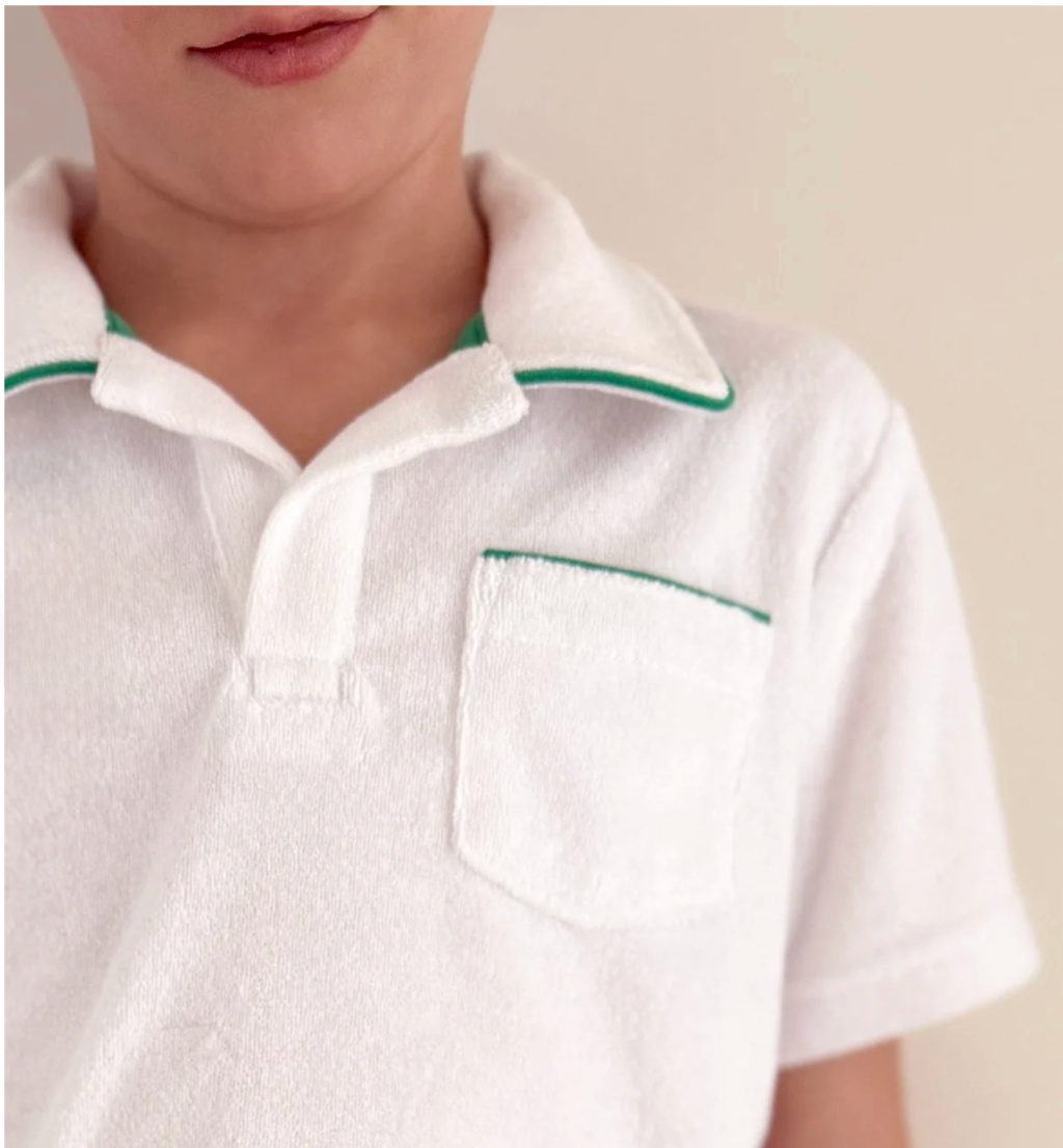 Boys White French Terry Polo with Bermuda Green Trim
