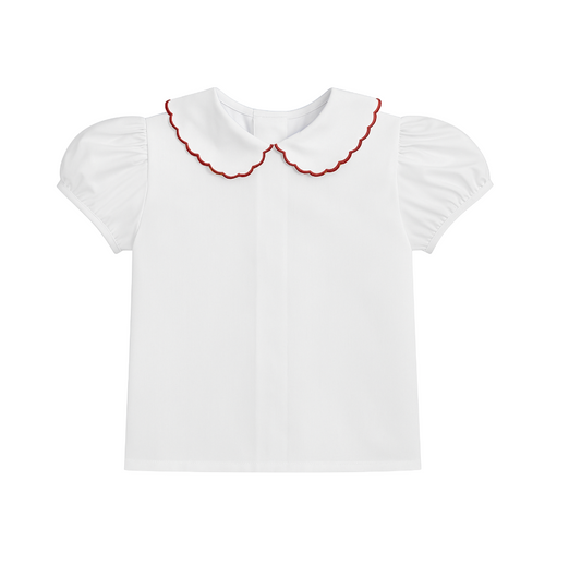 Kendall Collar Blouse Short Sleeve Red Piping, White Broadcloth
