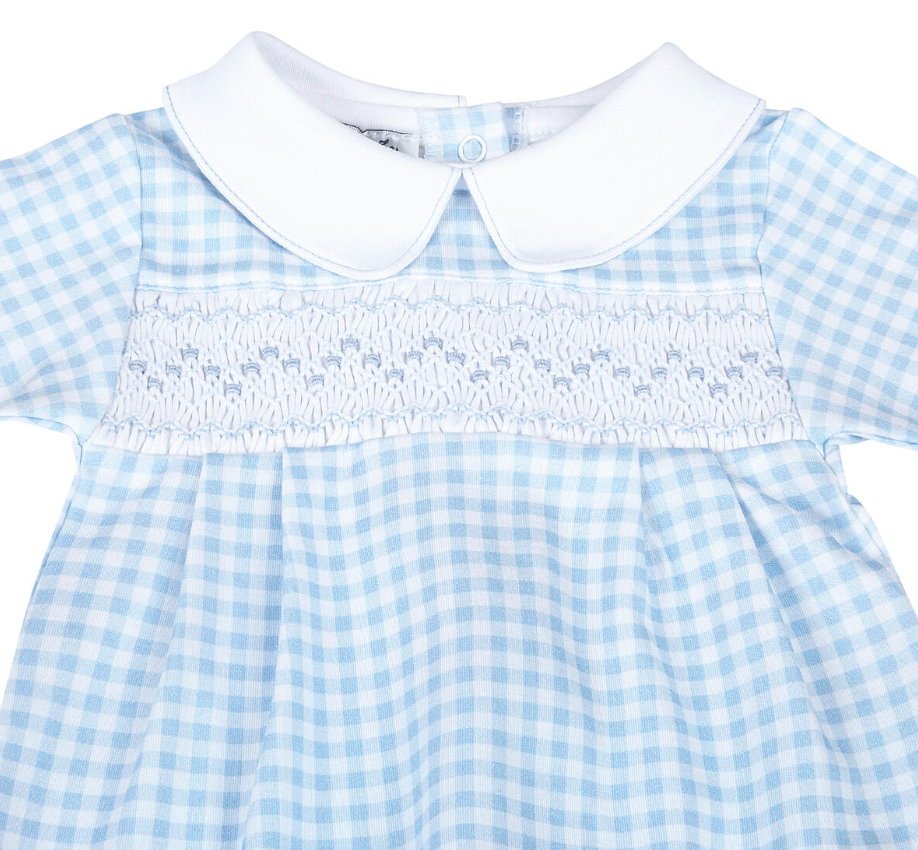 Mini Checks Blue Smocked Collared Boy Footie