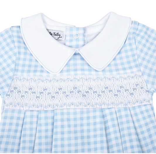 Mini Checks Blue Smocked Collared Bubble