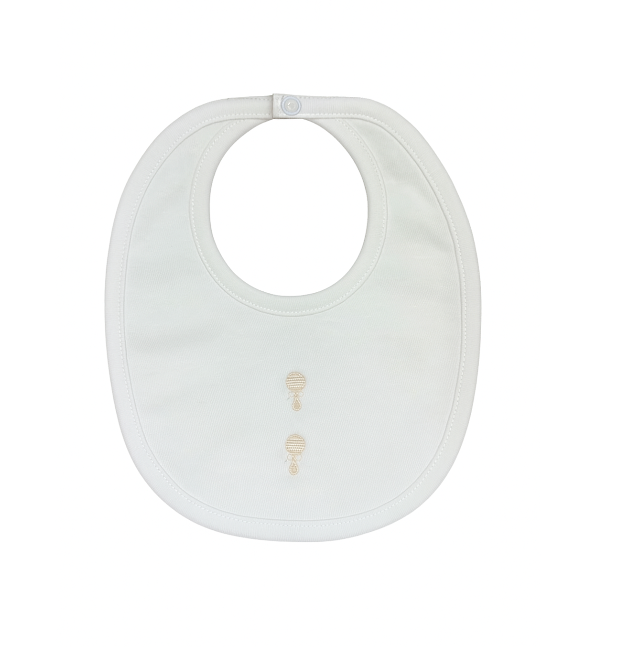 Baby Bib, 2 Ivory Embroidered Rattles