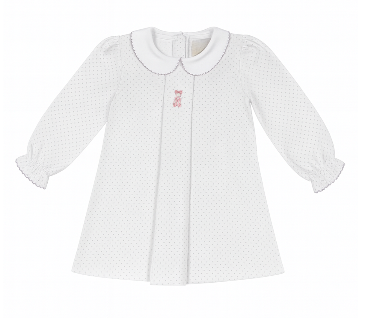 Girl's L/S Lavender Dot Collared Dress with Embroidered Ballet Slippers