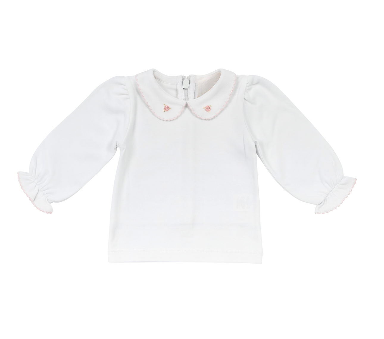 Girl's L/S Collared Back Zip Shirt, Pink Roses Embroidered Collar