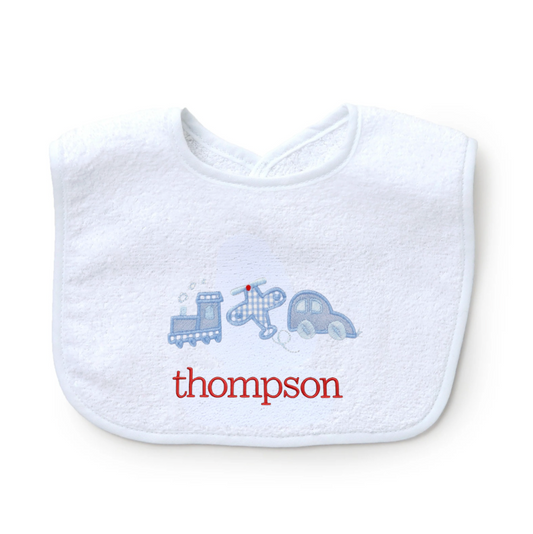 Bib with Applique, Cars, Trains & Planes