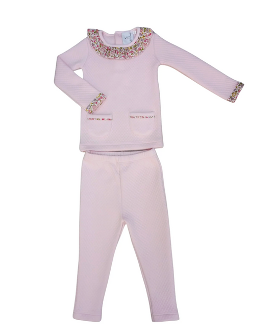 Girl's Quilted Set With Floral Ruffle Collar