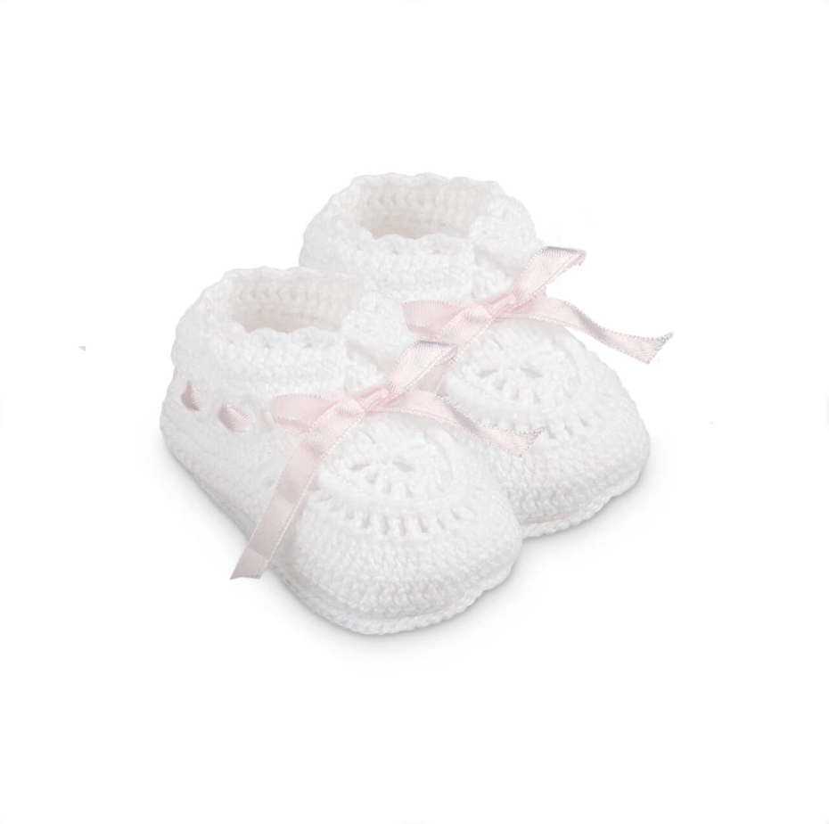 Knit Crochet Bootie with Pink Ribbon