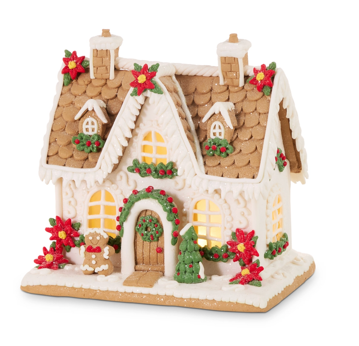 10" Lighted Poinsettia Gingerbread House